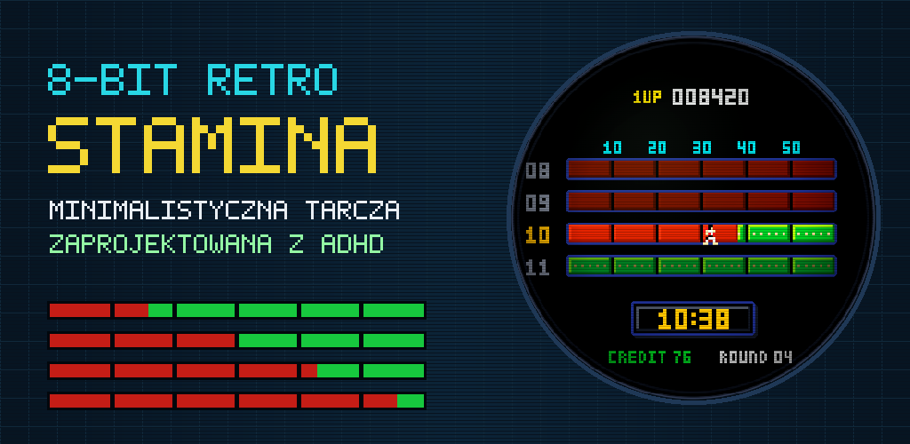 Logo 8-Bit Retro Stamina obok okrągłej, pikselowej tarczy zegarka i trzech pasków postępu od czerwieni do zieleni.