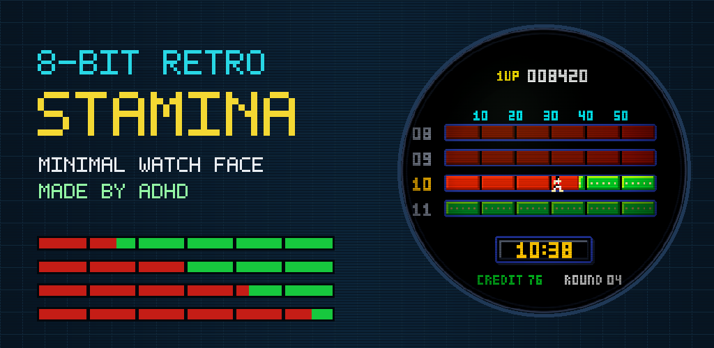 8-Bit Retro Stamina branding beside the circular pixel watch face and three red-to-green progress bars.