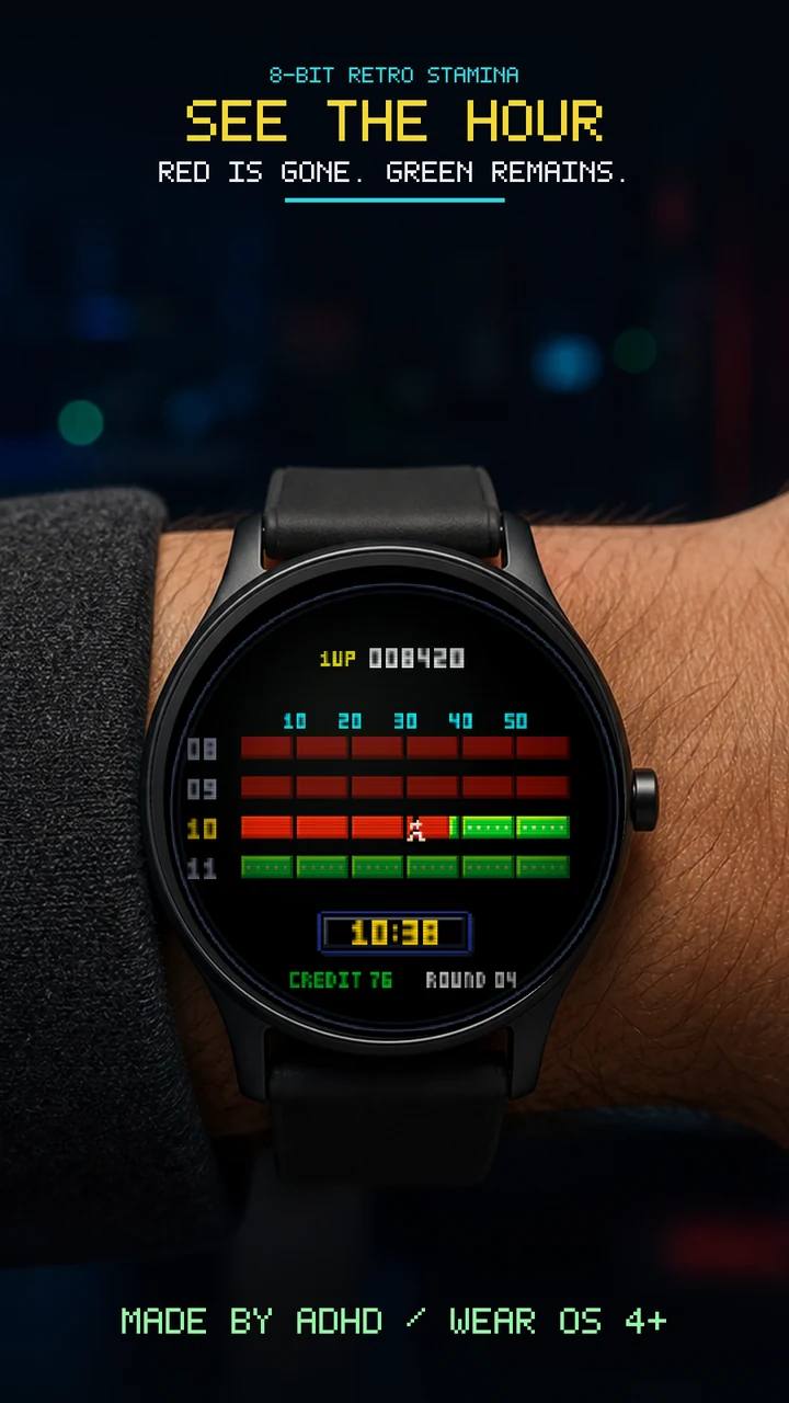 Black round smartwatch worn passively on a wrist, showing red elapsed time, green remaining time, and exact digital time.