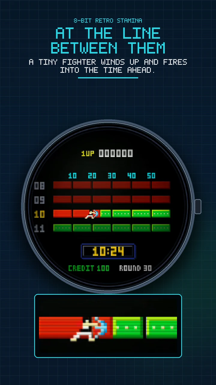 Large front-on smartwatch and enlarged action crop showing the pixel fighter launching a projectile from the red-green boundary.