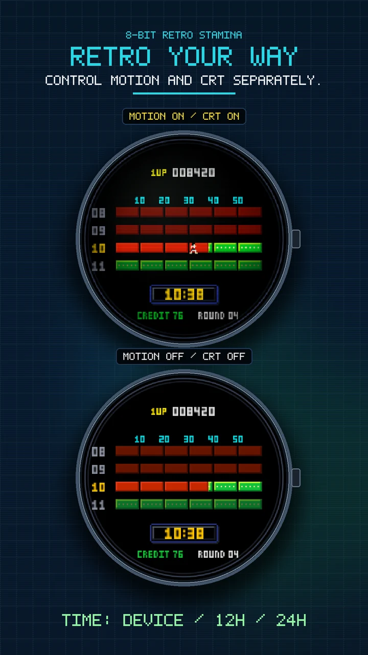 Two large watches compare Motion-on with CRT-on against Motion-off with CRT-off; Device, 12H, and 24H formats remain listed.
