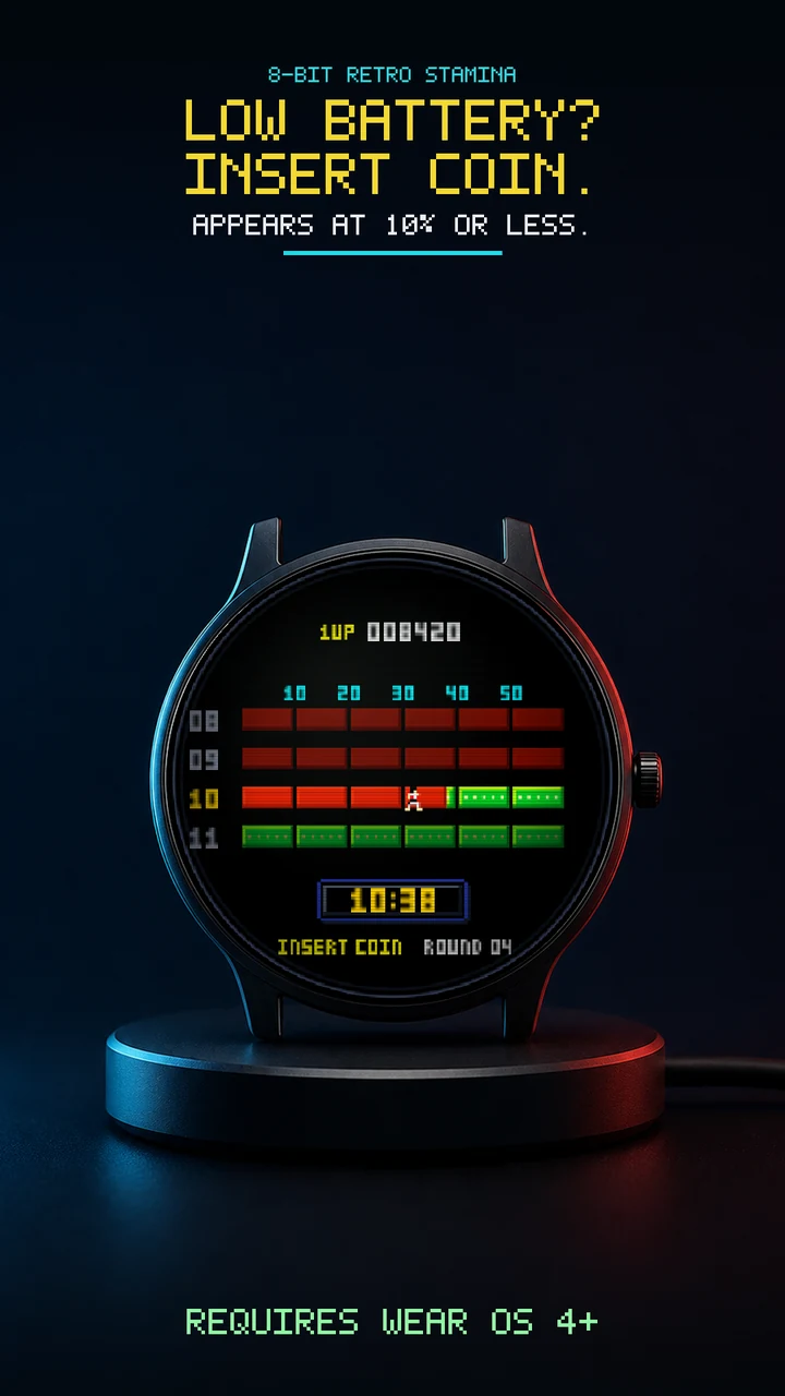 Black round smartwatch on a charging puck showing INSERT COIN in the low-battery state.